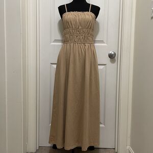 NEW Dokotoo Maxi Dress Spaghetti Straps Pockets Casual Tan Shirred A-Line Medium